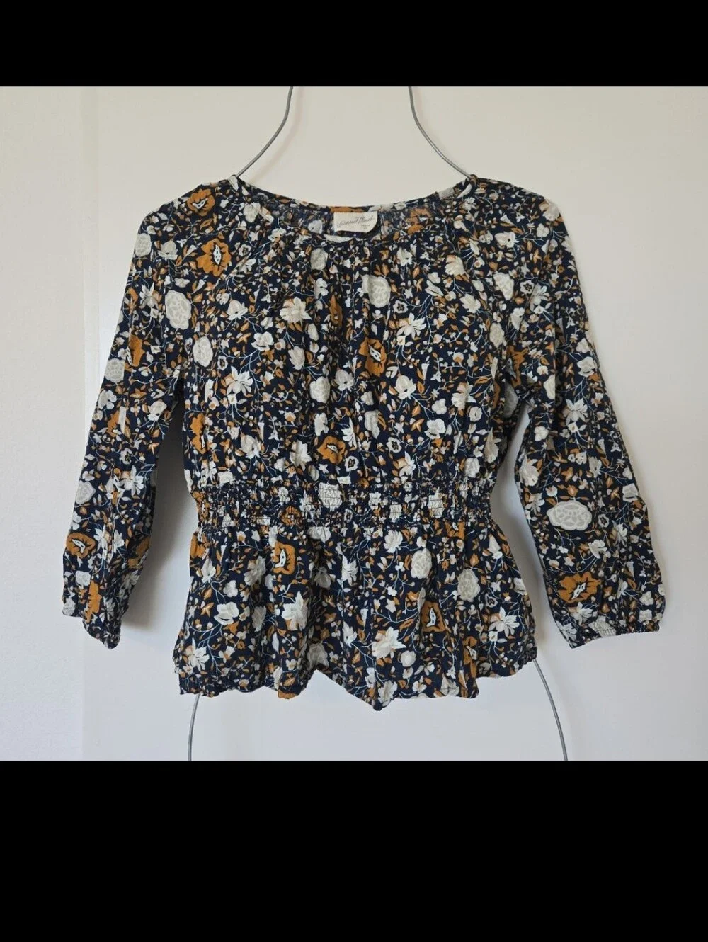 Universal Thread Navy Floral Smocked Peplum Blouse with Mustard Accents